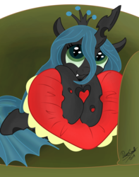 Size: 3015x3831 | Tagged: safe, artist:doz2nd, artist:kp-shadowsquirrel, queen chrysalis, changeling, changeling queen, pony, g4, :3, cute, cutealis, female, heart, high res, looking at you, pillow, smiling, solo