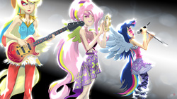 Size: 2560x1440 | Tagged: safe, artist:bipole, applejack, fluttershy, rainbow dash, twilight sparkle, equestria girls, g4, my little pony equestria girls: rainbow rocks, guitar, humanized, stage, twilight sparkle (alicorn)