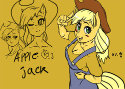 Size: 842x595 | Tagged: safe, artist:franschesco, applejack, earth pony, anthro, g4, breasts, busty applejack, cleavage, female, pixiv, solo