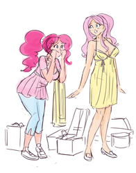 Size: 782x1000 | Tagged: safe, artist:king-kakapo, fluttershy, pinkie pie, human, g4, blushing, cleavage, clothes, dress, female, humanized, sketch, skirt, sundress