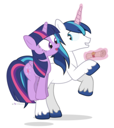 Size: 990x1110 | Tagged: safe, artist:dm29, shining armor, twilight sparkle, alicorn, pony, g4, bouncing, duo, excited, female, letter, magic, mare, pronking, scroll, simple background, telekinesis, transparent background, twilight sparkle (alicorn)