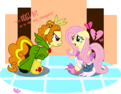 Size: 9099x7090 | Tagged: safe, artist:meganlovesangrybirds, adagio dazzle, fluttershy, earth pony, pegasus, pony, g4, absurd resolution, abuse, alternate hairstyle, broken hearts, cinderella, cindershy, clothes, crossover, crying, dress, equestria girls ponified, floppy ears, gloves, green dress, pink dress, ponified, story included, torn clothes