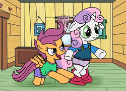 Size: 1298x933 | Tagged: safe, artist:elephanteddie, scootaloo, sweetie belle, pegasus, pony, unicorn, assisted exposure, clothes, clubhouse, crusaders clubhouse, embarrassed, embarrassed underwear exposure, female, filly, frilly underwear, humiliation, mean, panties, pantsing, prank, underwear, undressing