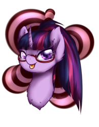 Size: 1378x1765 | Tagged: safe, artist:mondlichtkatze, twilight sparkle, pony, g4, :p, alternate hairstyle, bedroom eyes, cute, female, fluffy, glasses, looking at you, portrait, simple background, smiling, solo, tongue out, transparent background