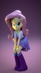 Size: 1080x1920 | Tagged: safe, artist:3d thread, artist:creatorofpony, fluttershy, rarity, series:humane 6 in rarity's clothes, equestria girls, g4, 3d, 3d model, bedroom eyes, blender, boots, bracelet, clothes, clothes swap, female, hands on knees, jewelry, looking at you, rarity's belt, rarity's clothes, rarity's purple boots, rarity's shirt, rarity's skirt, shoes, skirt, smiling, solo