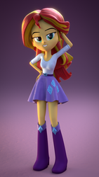 Size: 1080x1920 | Tagged: safe, artist:3d thread, artist:creatorofpony, rarity, sunset shimmer, equestria girls, g4, 3d, 3d model, arm behind head, belt, blender, boots, bracelet, clothes, clothes swap, female, hand on hip, jewelry, pose, rarity's belt, rarity's clothes, rarity's purple boots, rarity's shirt, rarity's skirt, sassy, shirt, shoes, skirt, smiling, smirk, solo, teenager, top