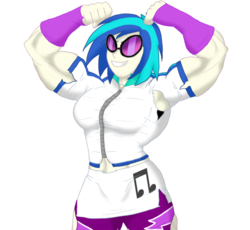 Size: 931x856 | Tagged: safe, artist:advanceddefense, dj pon-3, vinyl scratch, human, g4, armpits, breasts, busty vinyl scratch, clothes, female, flexing, humanized, muscle expansion, muscle growth, muscles, ripping clothes, solo, torn clothes, vinyl smash, wardrobe malfunction