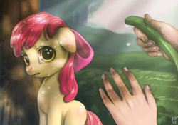 Size: 2381x1667 | Tagged: safe, artist:mrs1989, apple bloom, earth pony, human, pony, g4, adorabloom, crying, cute, female, filly, hand, hose, sad, sweat, wet, wet mane
