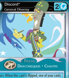 Size: 418x474 | Tagged: safe, edit, edited screencap, enterplay, screencap, discord, draconequus, absolute discord, g4, my little pony collectible card game, twilight's kingdom, bubble pipe, card, ccg, clothes, corncob pipe, general discord, helmet, male, patton, pipe, uniform