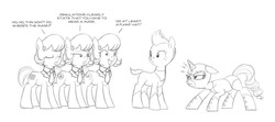 Size: 1624x720 | Tagged: safe, artist:carnifex, idw, cloverleaf, excel (g4), outlook (g4), powerpoint (g4), rarity, earth pony, pony, unicorn, g4, spoiler:comic, spoiler:comic29, spoiler:comicff15, annoyed, diamante elegante, female, mare, monochrome, rarity is not amused, unamused, wrestling