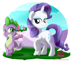 Size: 3000x2581 | Tagged: safe, artist:mimijuliane, rarity, spike, pony, unicorn, g4, female, flower, high res, male, mare, ship:sparity, shipping, straight
