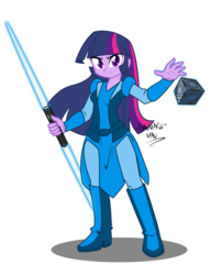 Size: 2426x3000 | Tagged: safe, artist:danmakuman, twilight sparkle, human, equestria girls, g4, blue, crossover, double lightsaber, female, high res, holocron, jedi, lightsaber, purple, solo, star wars, twilight sparkle (alicorn), weapon