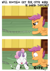Size: 3434x4859 | Tagged: safe, artist:flufflelord, apple bloom, scootaloo, sweetie belle, pegasus, pony, unicorn, g4, :p, ^^, comic, cute, cutie mark crusaders, dialogue, domino, eyes closed, female, filly, foal, folded wings, lying down, nope, open mouth, open smile, prone, scootalove, shocked, smiling, sweetie troll, sweetiedumb, tongue out, trolling, wings