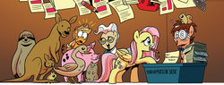 Size: 1024x390 | Tagged: safe, artist:brenda hickey, idw, applejack, fluttershy, mayor mare, tadwell, earth pony, hamster, kangaroo, pegasus, pig, pony, sloth, squirrel, friends forever #15, g4, my little pony: friends forever, spoiler:comic, animal, female, glasses, male, mare, mouth hold, pencil, stallion, swirly glasses, tadshy