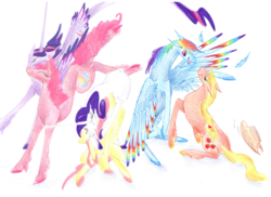 Size: 2338x1701 | Tagged: safe, artist:dawn22eagle, applejack, fluttershy, pinkie pie, rainbow dash, rarity, twilight sparkle, alicorn, earth pony, pegasus, pony, unicorn, g4, colored wings, colored wingtips, female, lesbian, mane six, mare, rainbow feathers, ship:appledash, ship:flarity, ship:twinkie, shipping, tail, tail feathers, twilight sparkle (alicorn), wings