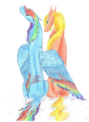 Size: 2550x3507 | Tagged: safe, artist:dawn22eagle, applejack, rainbow dash, earth pony, pegasus, pony, g4, blood, colored wings, colored wingtips, duo, female, high res, injured, lesbian, rainbow feathers, scar, ship:appledash, shipping, tail, tail feathers, traditional art, wing stroke, wings