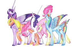 Size: 6696x4376 | Tagged: safe, artist:dawn22eagle, applejack, fluttershy, pinkie pie, rainbow dash, rarity, twilight sparkle, alicorn, earth pony, pegasus, pony, unicorn, g4, absurd resolution, colored wings, colored wingtips, female, mane six, mare, rainbow feathers, tail, tail feathers, traditional art, twilight sparkle (alicorn), wings