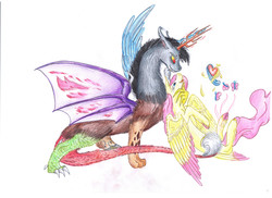 Size: 7014x5100 | Tagged: safe, artist:dawn22eagle, discord, fluttershy, pegasus, pony, g4, absurd resolution, colored wings, colored wingtips, duo, female, male, ship:discoshy, shipping, straight, tail, tail feathers, traditional art, wings