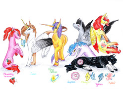 Size: 7014x5100 | Tagged: safe, artist:dawn22eagle, oc, oc only, oc:albireo, oc:liquorice, oc:mistral, oc:prince albireo, oc:strawberry icecream, oc:swan, oc:typhoon, alicorn, earth pony, hybrid, pegasus, pony, unicorn, absurd resolution, colored wings, colored wingtips, interspecies offspring, next generation, offspring, parent:applejack, parent:caramel, parent:cheese sandwich, parent:discord, parent:fancypants, parent:flash sentry, parent:fluttershy, parent:pinkie pie, parent:rainbow dash, parent:rarity, parent:soarin', parent:twilight sparkle, parents:carajack, parents:cheesepie, parents:discoshy, parents:flashlight, parents:raripants, parents:soarindash, paws, traditional art, wings