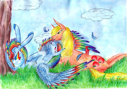 Size: 6936x4888 | Tagged: safe, artist:dawn22eagle, applejack, rainbow dash, earth pony, pegasus, pony, g4, absurd resolution, colored wings, colored wingtips, duo, female, lesbian, rainbow feathers, ship:appledash, shipping, tail, tail feathers, traditional art, wings
