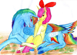 Size: 6912x4928 | Tagged: safe, artist:dawn22eagle, apple bloom, rainbow dash, earth pony, pegasus, pony, g4, absurd resolution, colored wings, colored wingtips, duo, rainbow feathers, tail feathers, traditional art, wings
