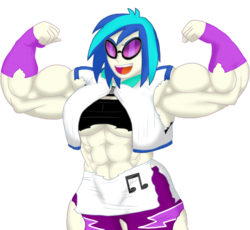Size: 931x856 | Tagged: safe, artist:advanceddefense, dj pon-3, vinyl scratch, human, g4, armpits, breasts, busty vinyl scratch, clothes, female, flexing, humanized, muscle expansion, muscle growth, muscles, overdeveloped muscles, ripping clothes, simple background, solo, torn clothes, transparent background, underboob, vinyl smash, wardrobe malfunction