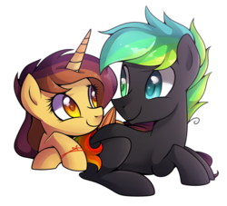 Size: 938x852 | Tagged: safe, artist:drawntildawn, oc, oc only, oc:glitch, oc:lessi, pony, duo, fake horn, female, glessi, male, shipping, simple background, straight, transparent background