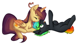 Size: 1024x610 | Tagged: safe, artist:goshhhh, oc, oc only, oc:glitch, oc:lessi, pony, duo, fake horn, female, glessi, male, shipping, simple background, straight, transparent background