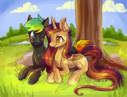 Size: 1020x783 | Tagged: safe, artist:corelle-vairel, oc, oc only, oc:glitch, oc:lessi, pony, duo, fake horn, female, glessi, male, shipping, straight