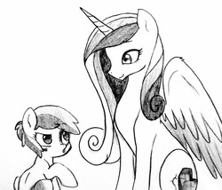 Size: 2362x2022 | Tagged: safe, artist:kianamai, princess cadance, oc, oc:api apple, kilalaverse, g4, high res, monochrome, next generation, offspring, parent:apple bloom, parent:pipsqueak, parents:pipbloom, pencil drawing, traditional art