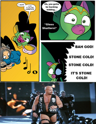 Size: 775x1000 | Tagged: safe, edit, idw, cheerilee, cloverleaf, g4, spoiler:comic, spoiler:comic29, iron hock, meme, stone cold, stone cold steve austin, surprise entrance meme, this will end in somepony taking a stunner, wwe