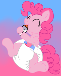 Size: 500x619 | Tagged: safe, anonymous artist, artist:fillyscoots42, pinkie pie, earth pony, pony, g4, ^^, adult foal, baby bottle, bottle feeding, diaper, drinking, eyes closed, female, gradient background, hoof hold, mare, non-baby in diaper, on back, poofy diaper, solo