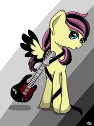 Size: 768x1024 | Tagged: safe, artist:php76, fluttershy, g4, alternate hairstyle, alternate universe, electric guitar, emoshy, eyeshadow, guitar, musical instrument