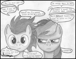 Size: 1280x989 | Tagged: safe, artist:jacsveus, rainbow dash, soarin', g4, comic, female, male, monochrome, ship:soarindash, shipping, straight, traditional art