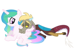 Size: 1280x823 | Tagged: safe, artist:dilemmas4u, discord, princess celestia, g4, cewestia, cuddling, female, filly, floppy ears, frown, gritted teeth, leaning, lidded eyes, male, prone, sad, ship:dislestia, shipping, show accurate, simple background, snuggling, spread wings, straight, transparent background, young, younger