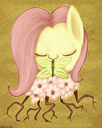 Size: 900x1125 | Tagged: safe, artist:comickit, fluttershy, butterfly, g4, butterfly on nose, eyes closed, female, flower, insect on nose, solo