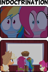 Size: 2000x2999 | Tagged: safe, artist:daringdashie, apple bloom, applejack, pinkie pie, rainbow dash, g4, animated, animated png, apple brown betty (food), bound, brainwashing, comic, female, film, gag, help us, high res, tape gag