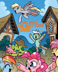 Size: 676x836 | Tagged: safe, artist:brenda hickey, idw, official comic, derpy hooves, lyra heartstrings, pinkie pie, rainbow dash, pegasus, pig, pony, friends forever #15, g4, my little pony: friends forever, spoiler:comic, background pony, female, hale bales, mare