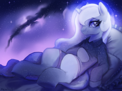 Size: 1194x897 | Tagged: safe, artist:mewball, princess luna, g4, clothes, female, pillow, reclining, shirt, smiling, socks, solo, stars