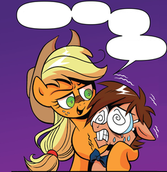 Size: 991x1024 | Tagged: safe, artist:brenda hickey, idw, official comic, applejack, tadwell, friends forever #15, g4, my little pony: friends forever, spoiler:comic, exploitable, female, glasses, male, swirly glasses