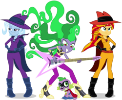 Size: 3210x2651 | Tagged: safe, artist:imperfectxiii, artist:punzil504, mane-iac, mare do well, spike, sunset shimmer, trixie, dog, equestria girls, g4, clothes, cosplay, costume, crossover, darkwing duck, equestria girls-ified, flying v, guitar, high res, humdrum costume, negaduck, negamare, power ponies, simple background, spike the dog, transparent background, vector