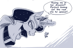 Size: 550x360 | Tagged: safe, artist:murai shinobu, edit, princess luna, alicorn, pony, g4, bust, dream walker luna, looking down, magic, monochrome, pixiv, smirk, smug, text, translation