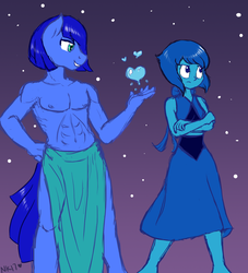 Size: 1280x1408 | Tagged: safe, artist:naomiknight17, oc, oc only, oc:agua, earth pony, gem (race), anthro, clothes, duo, duo male and female, female, hydrokinesis, lapis lazuli (steven universe), male, partial nudity, stallion, steven universe, topless, water, waterbending