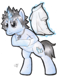 Size: 1060x1387 | Tagged: safe, artist:celecrypt, clothes, fairy tail, gray fullbuster, necklace, ponified, shirt, stripping