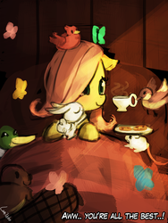 Size: 720x960 | Tagged: safe, artist:lumineko, angel bunny, fluttershy, beaver, bird, butterfly, duck, mouse, g4, 30 minute art challenge, animal, bed, breakfast, breakfast in bed, cookie, crying, cup, dialogue, food, morning ponies, tea, teacup, tears of joy