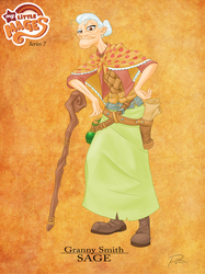 Size: 1024x1366 | Tagged: safe, artist:didj, granny smith, human, my little mages, g4, brown background, cane, clothes, female, hair bun, humanized, sage, shawl, simple background, solo, staff