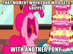 Size: 480x360 | Tagged: safe, pinkie pie, g4, caption, female, image macro, meme, misspelling, op is a duck, ship, solo