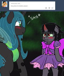 Size: 750x880 | Tagged: safe, artist:php199, king sombra, queen chrysalis, changeling, umbrum, ask sissy king sombra, g4, ask, bipedal, blushing, clothes, crossdressing, cute, dress, embarrassed, female, male, mare, puffy sleeves, sissy, sombradorable, tumblr