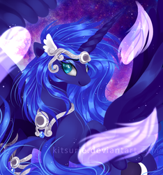 Size: 800x856 | Tagged: safe, artist:kkitsu, princess luna, alicorn, pony, g4, feather, female, horn, jewelry, mare, smiling, solo, space, space background, wings