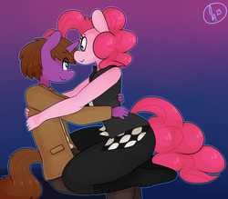 Size: 2587x2268 | Tagged: safe, artist:somescrub, pinkie pie, oc, oc:sage archer, earth pony, unicorn, anthro, g4, :>, anthro oc, canon x oc, clothes, cosplay, couple, doctor who, gradient background, high res, looking at each other, ponysona, river song (doctor who), shipping, smiling, timelordsage